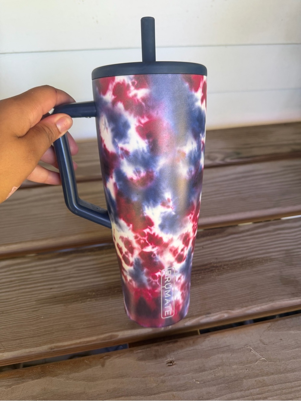 Tumbler Travel Mug with Handle - Red, Blue & White Tie-Dye